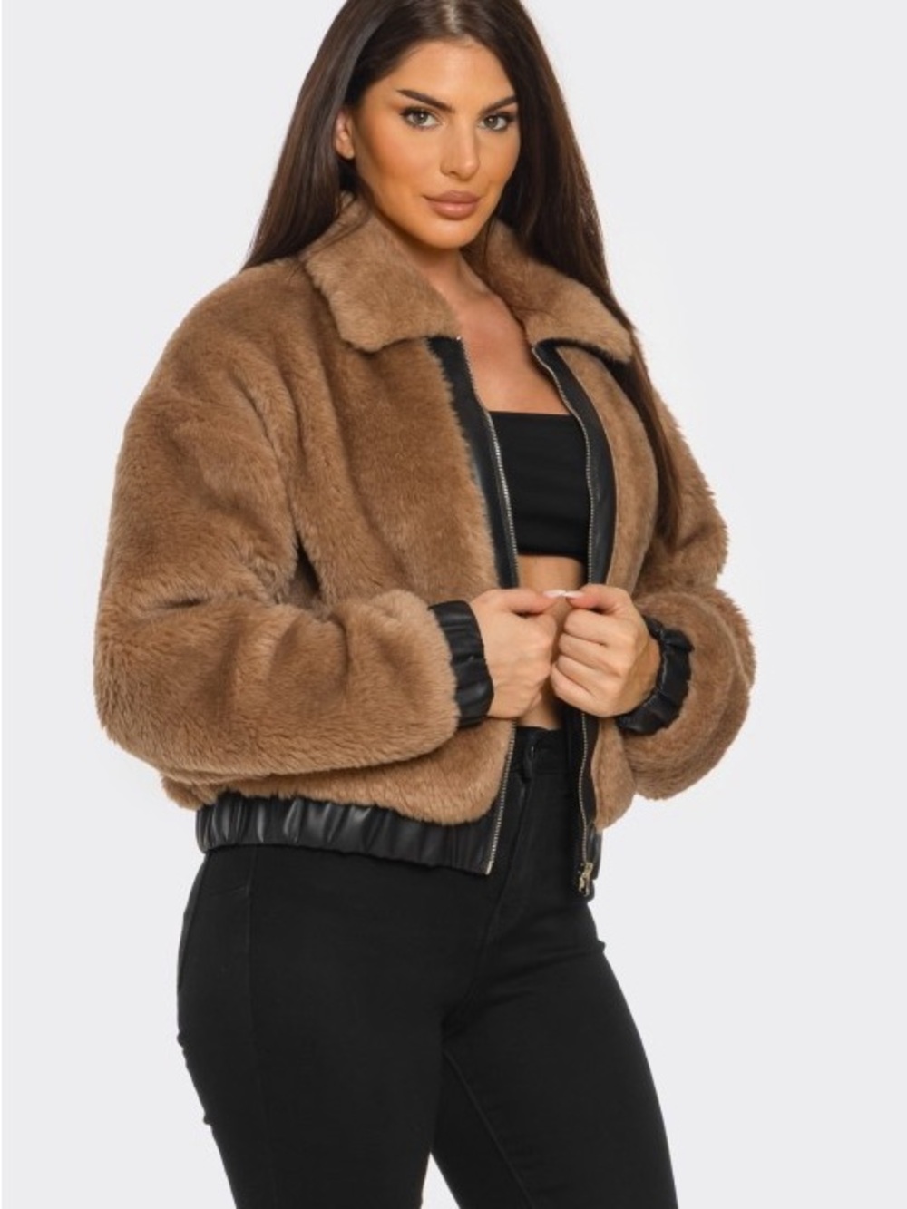 Faux Fur Bomber Jacket - Tan 6320 / J-70523